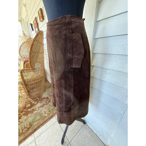 Vintage 70's Anne Fogarty Brown Suede Skirt Marked Size 14 - Picture 12 of 16